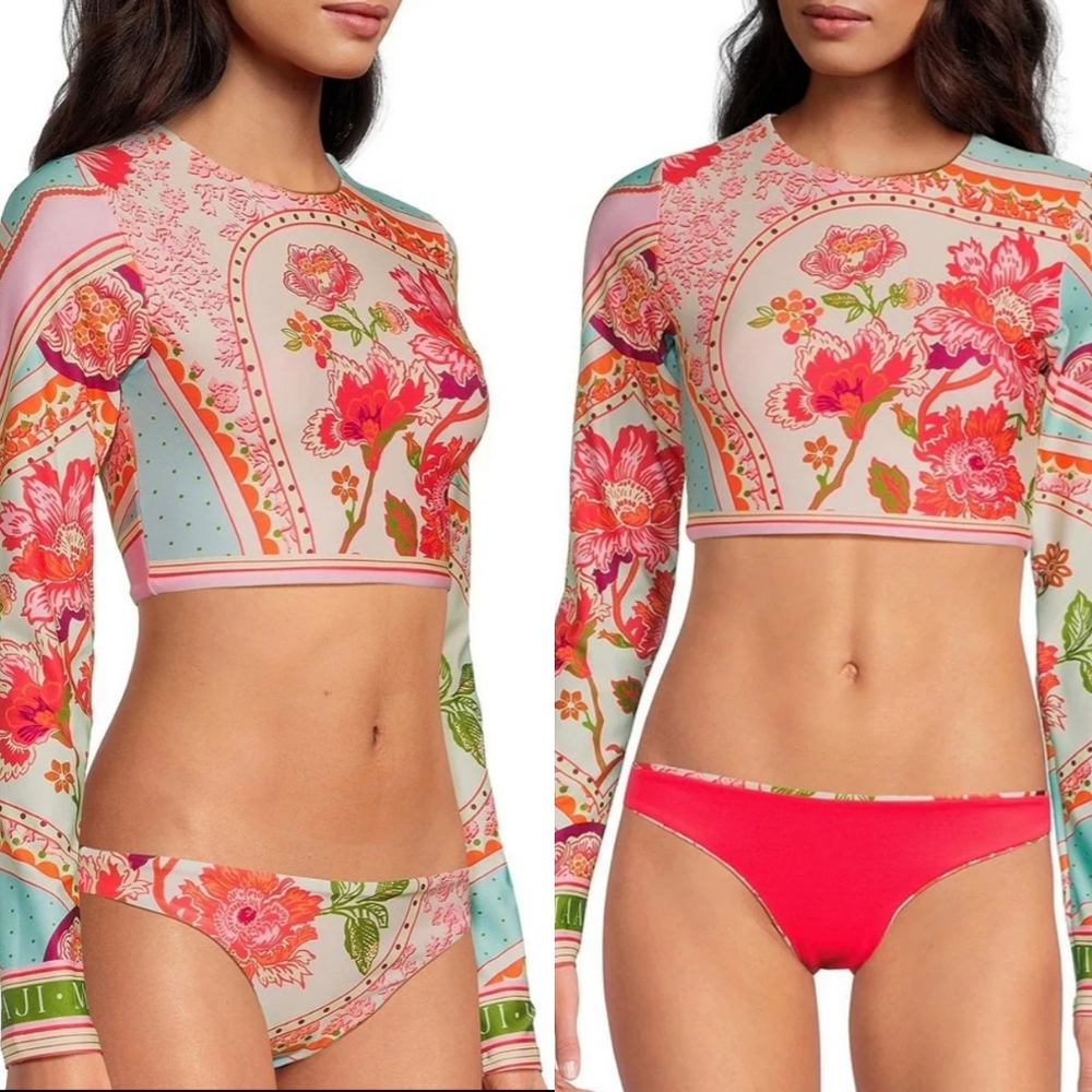 New!Maaji Floral Groove Spectacle Long Sleeve With Flirt Low Rise Thin Side Set
